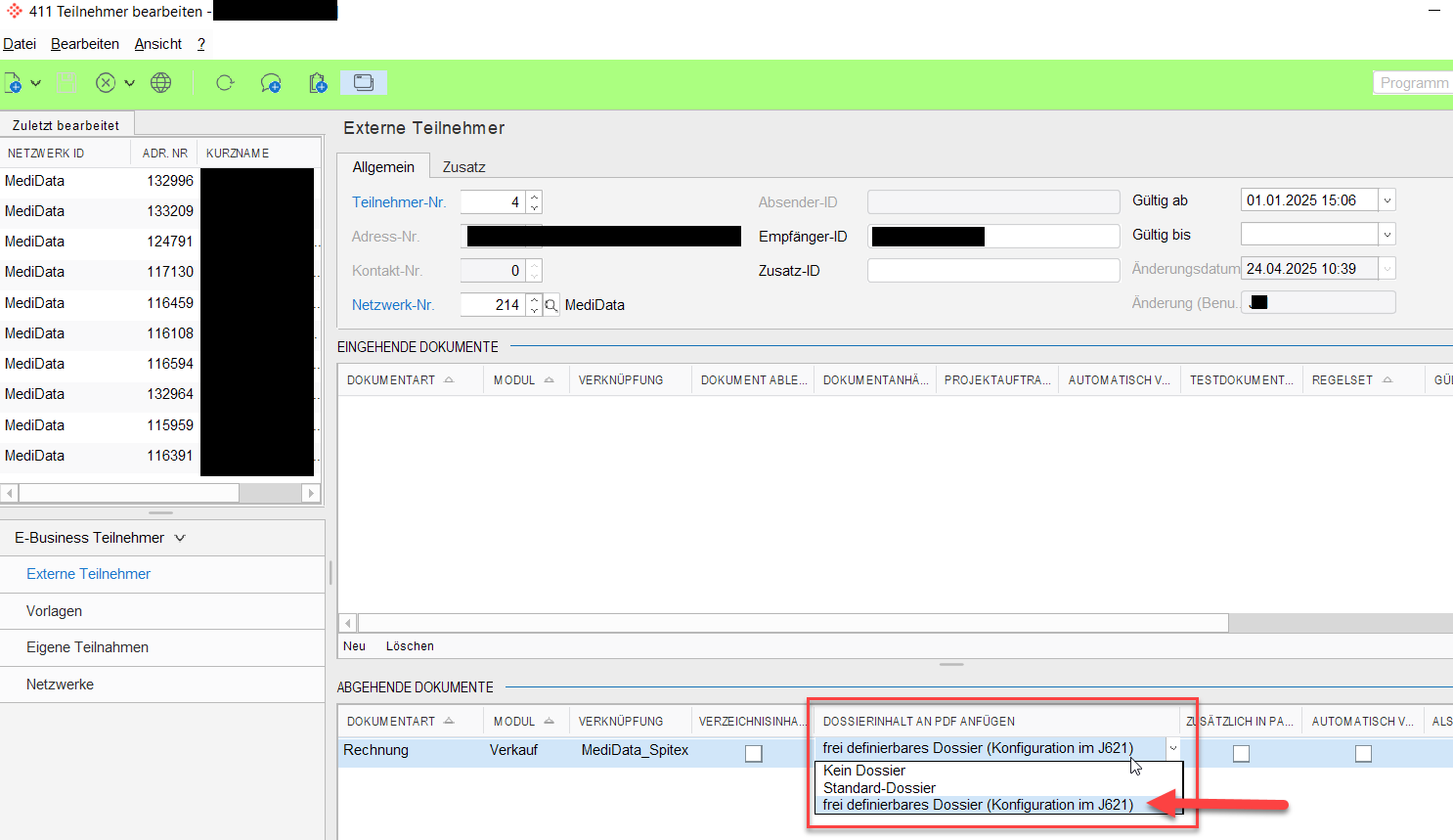 J411 Teilnehmer mit Dossier verknüpfen