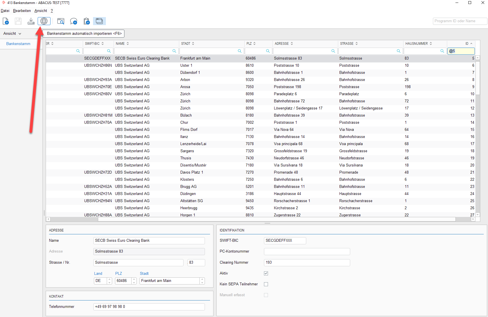 Programm «Bankenstamm» aus Abacus – Vorgang automatischer Import des Bankenstammes