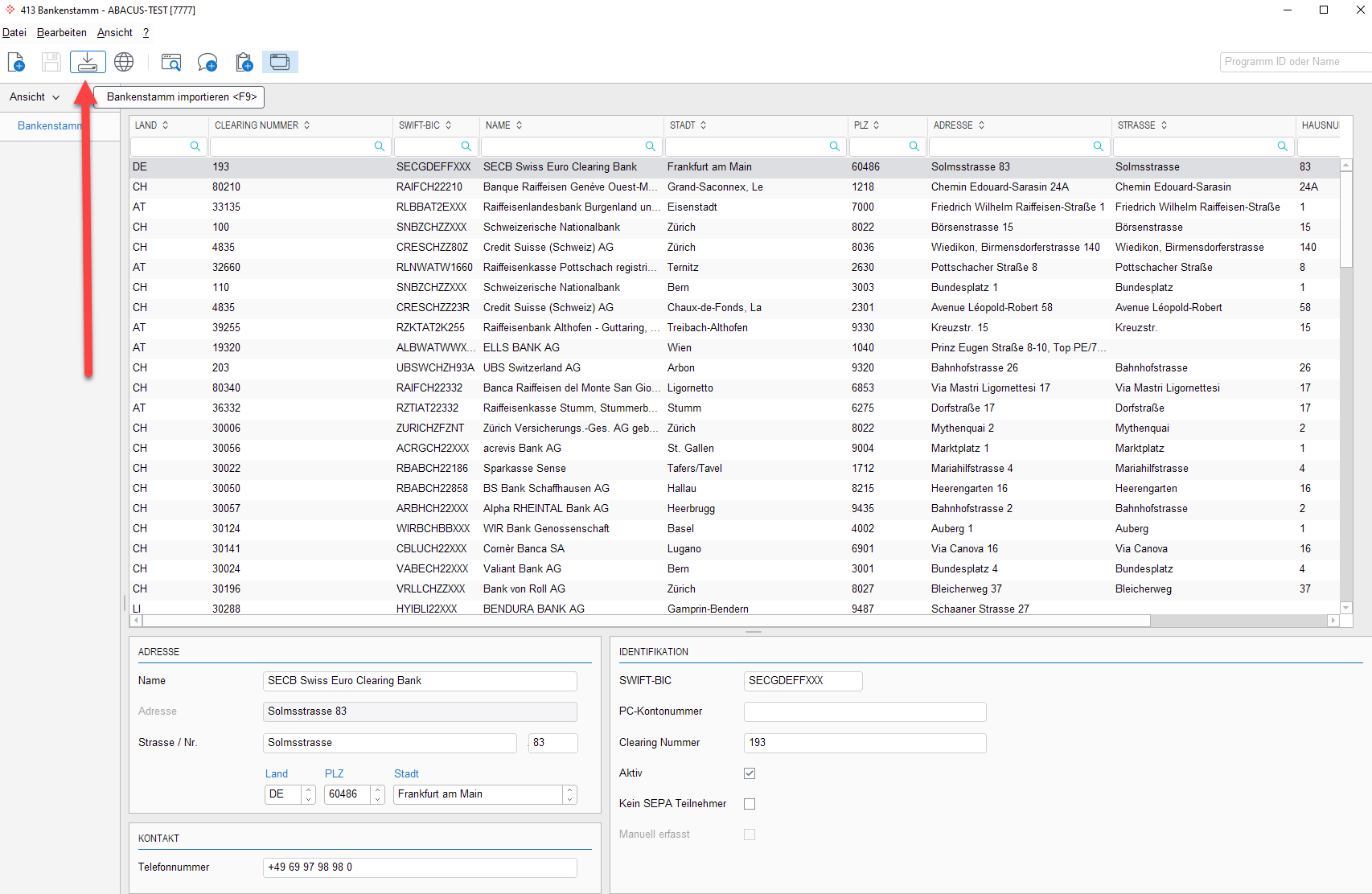 Programm «Bankenstamm» aus Abacus – Vorgang manueller Import des Bankenstammes